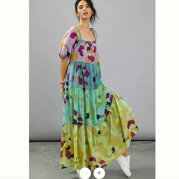 Anthropologie | Dresses | Anthropologie Caroline Tiered Maxi Colorful Camo Tiered  Dress Large | Poshmark